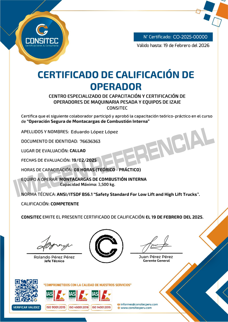 Certificado referencial de operador de montacargas