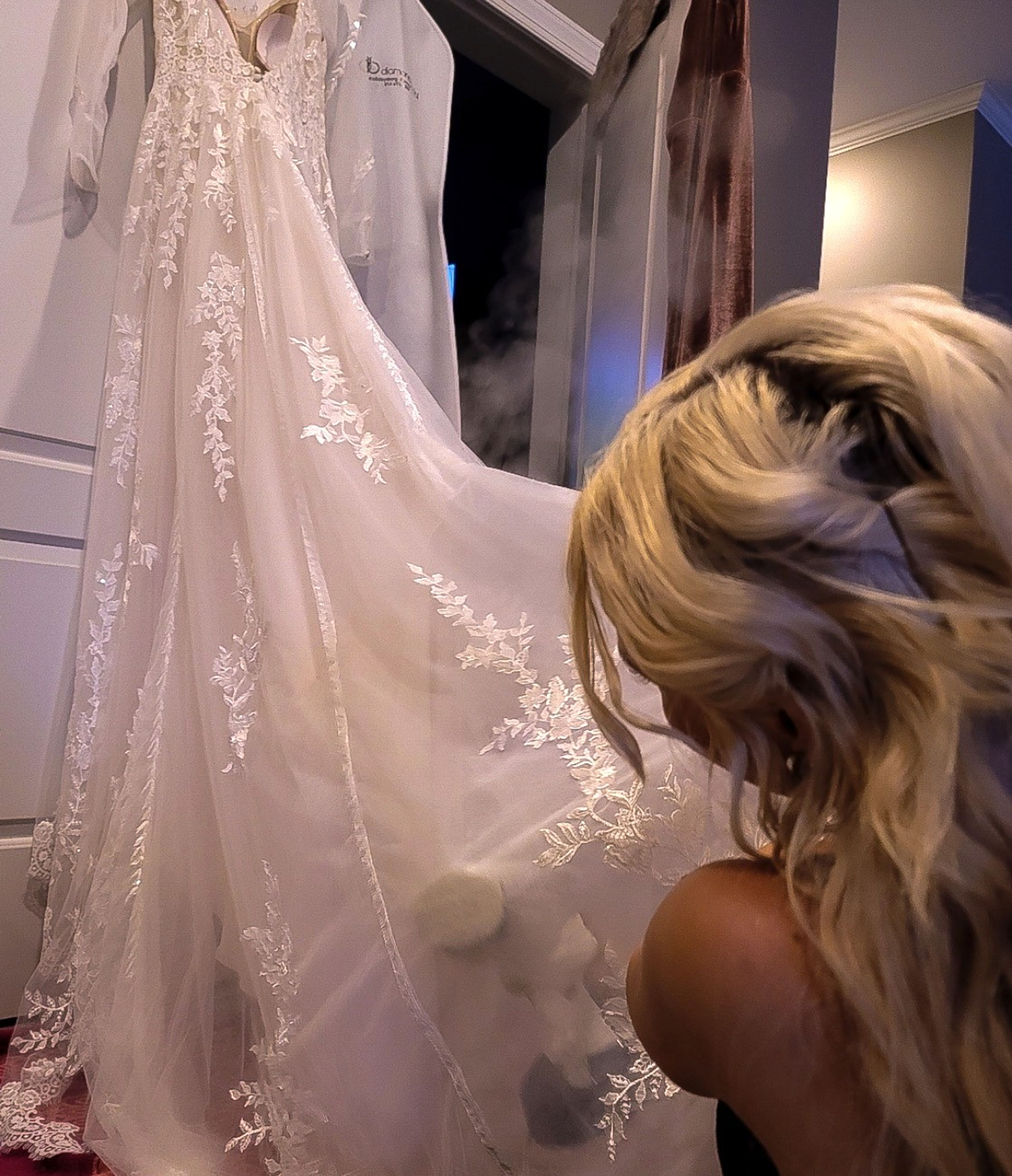 Final Press: Steaming on the wedding morning. A final press is included before every pickup