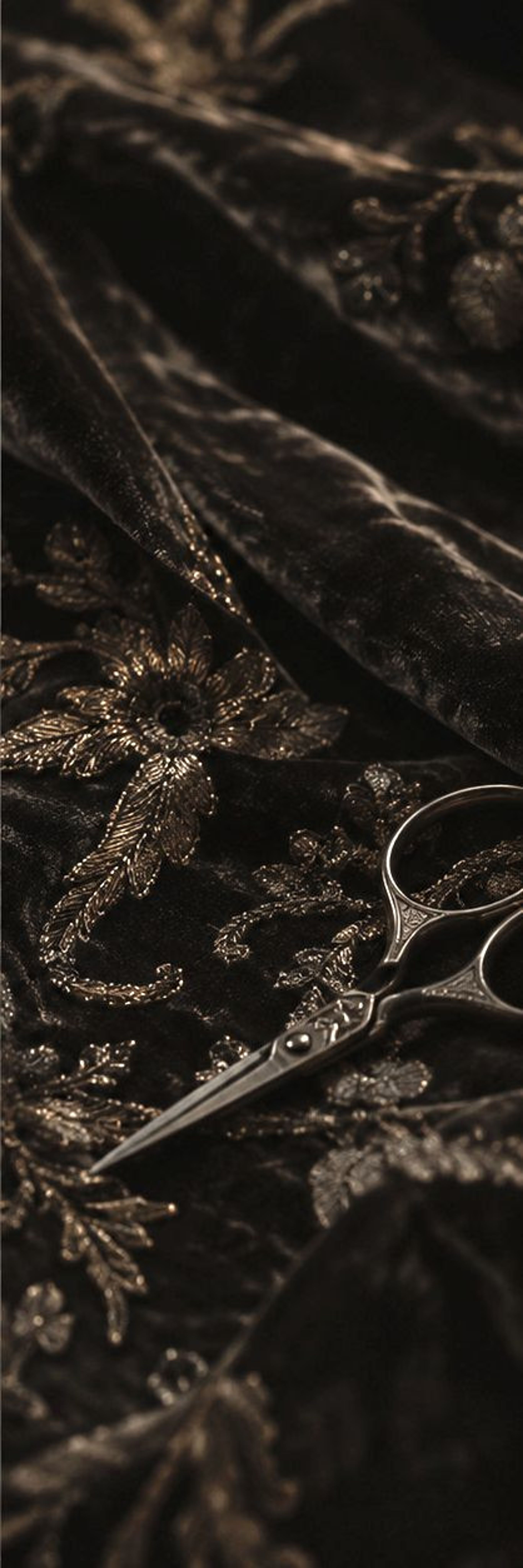 Gold embroidery on velvet with embroidery scissors