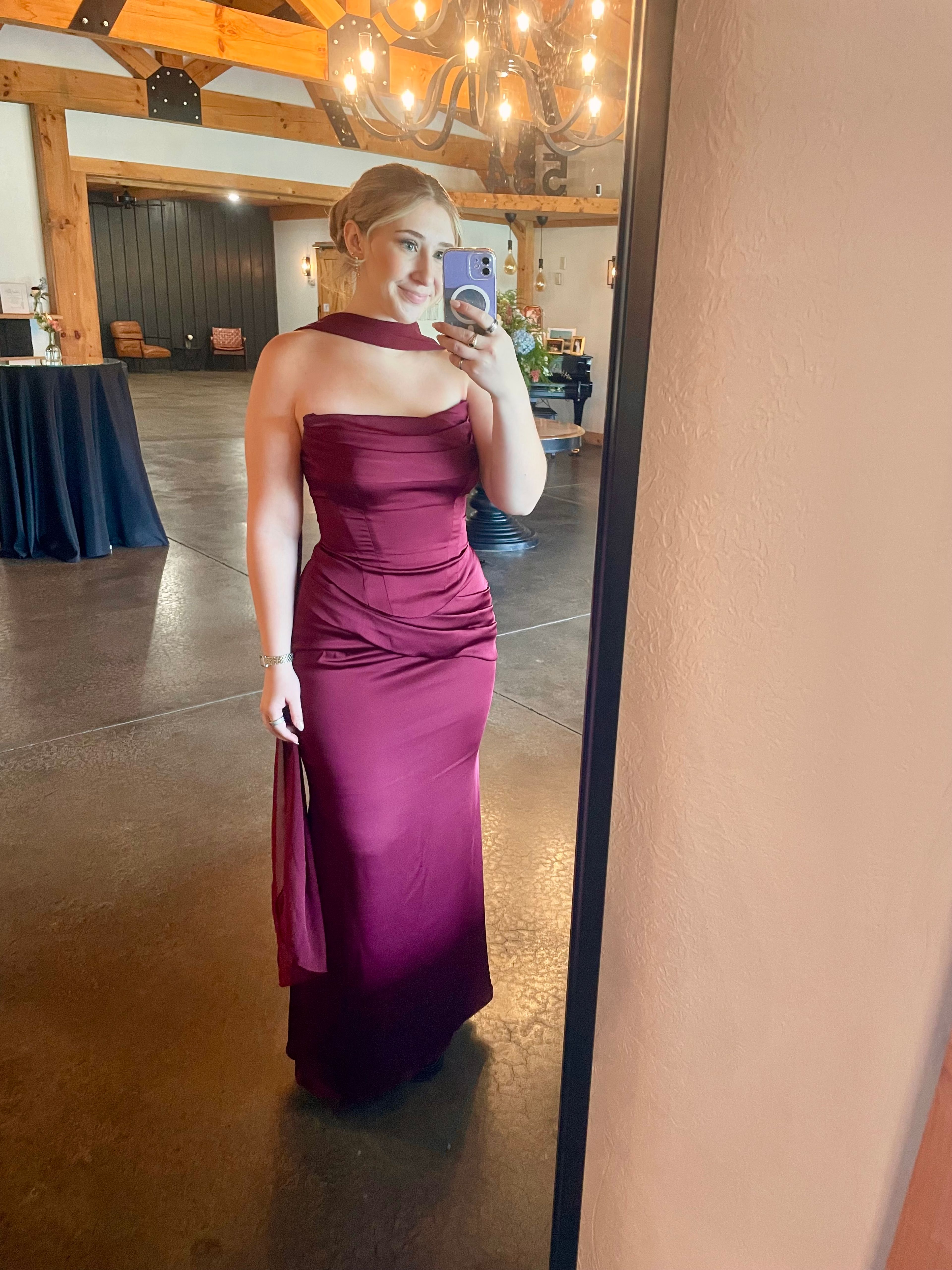 Bridesmaid Dress: Magenta satin, hem raised and skirt waist taken in