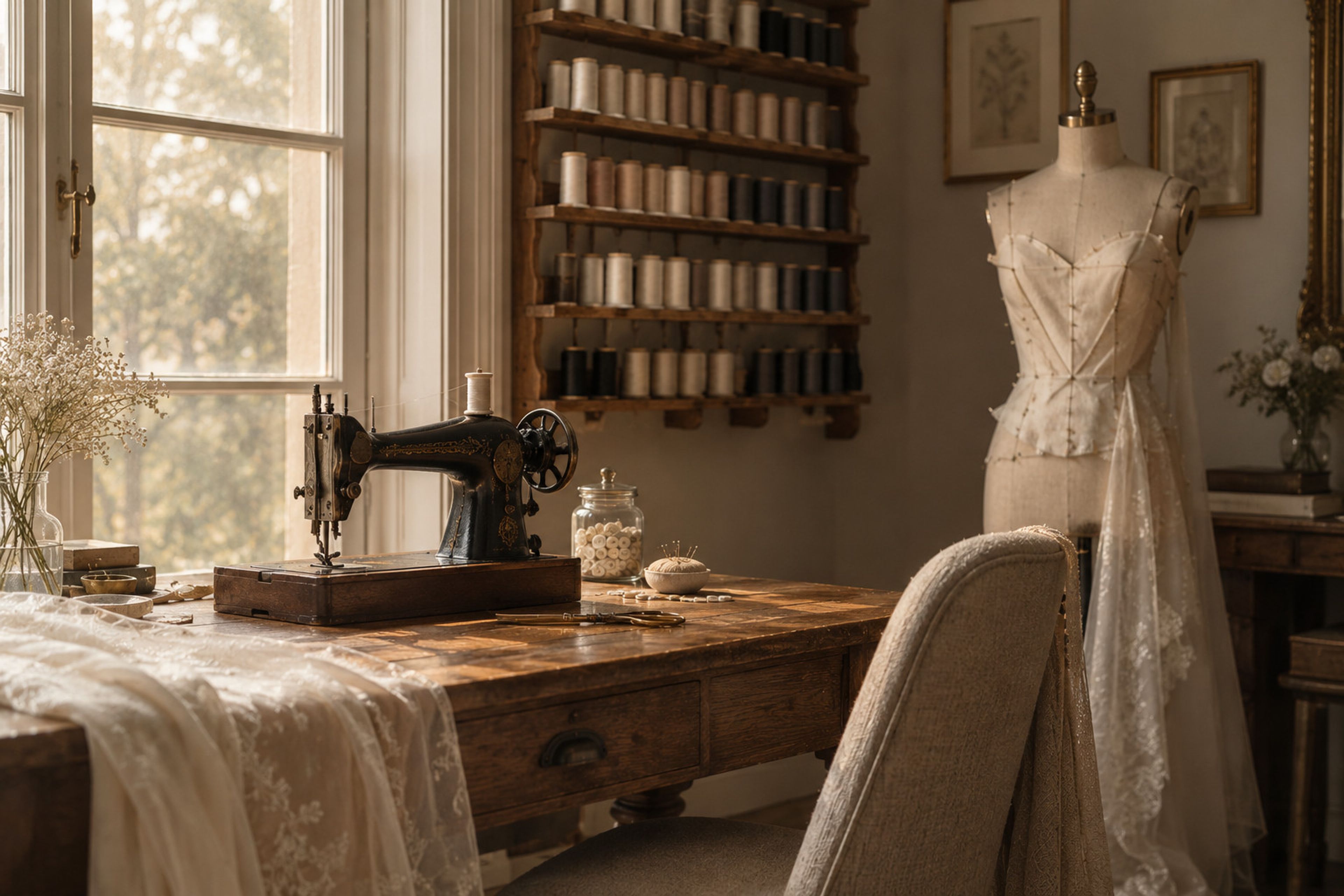 Antique sewing machine, thread wall and dress form in the studio