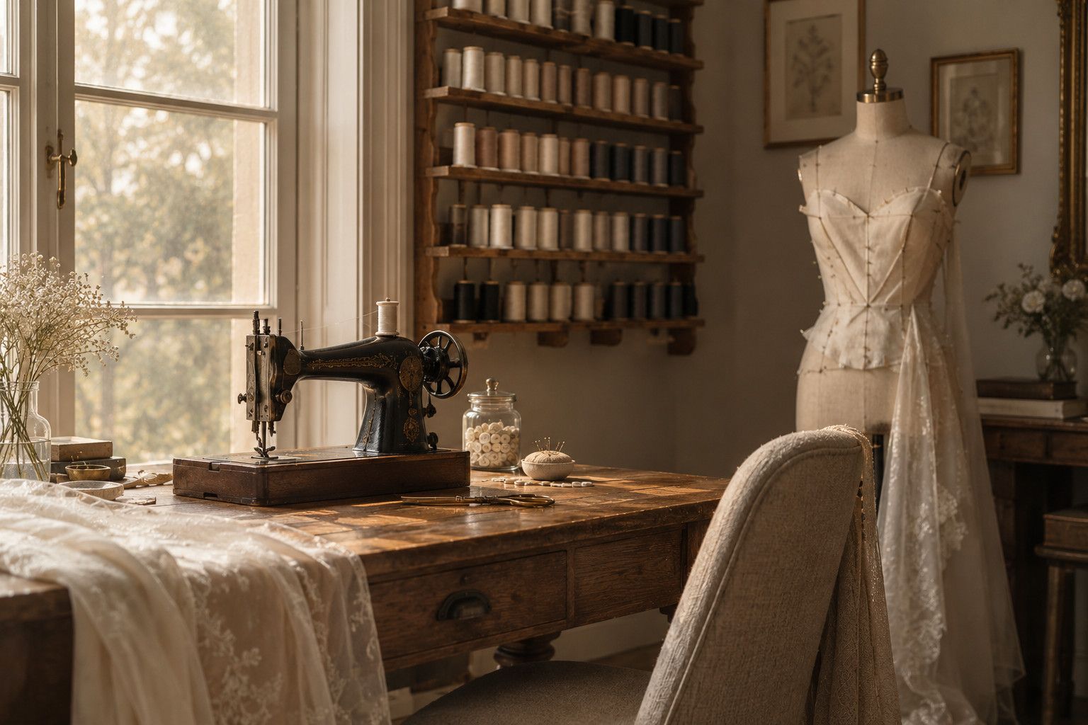Antique sewing machine, thread wall and dress form in the studio