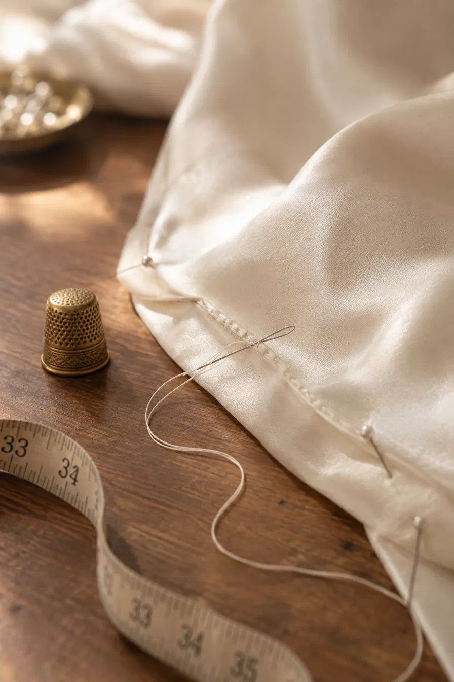 Hand-stitched blind hem on ivory silk with a brass thimble and tape measure