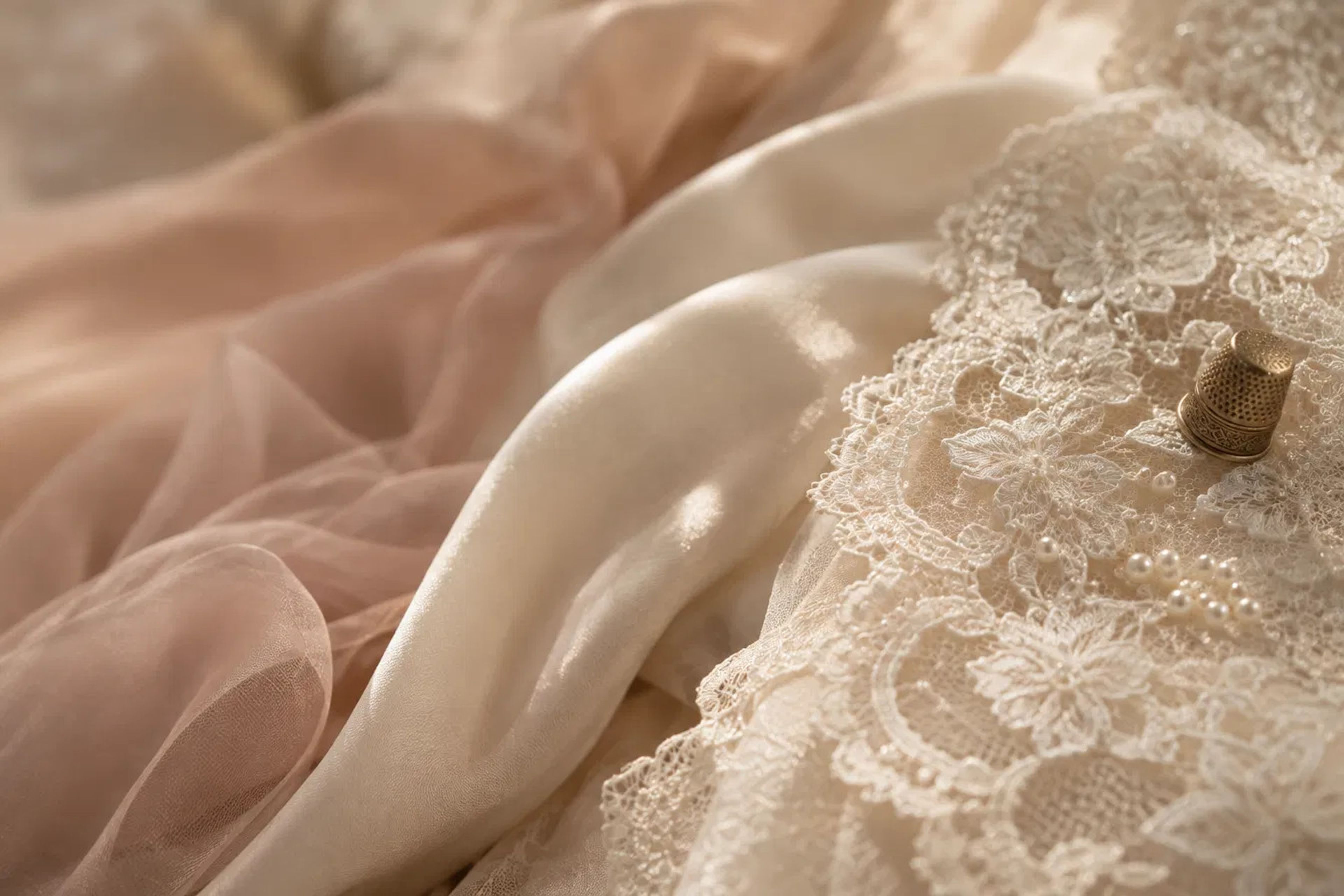 Chantilly lace, seed pearls and a brass thimble on ivory silk and blush organza