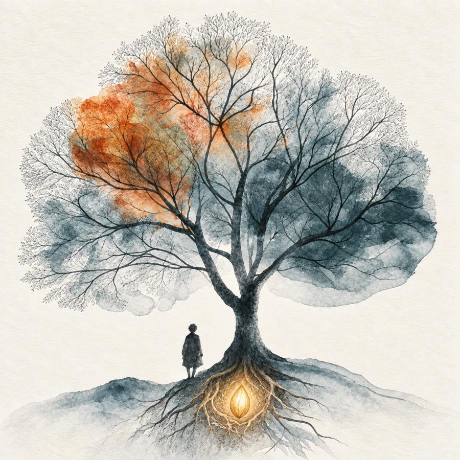 Watercolor illustration of a small figure standing beneath a great tree, a glowing seed of light at its roots