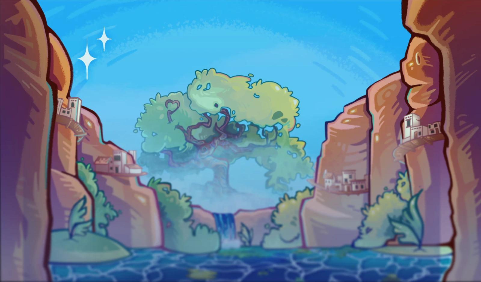 EsperHope game art: a great tree between canyon walls above a lake