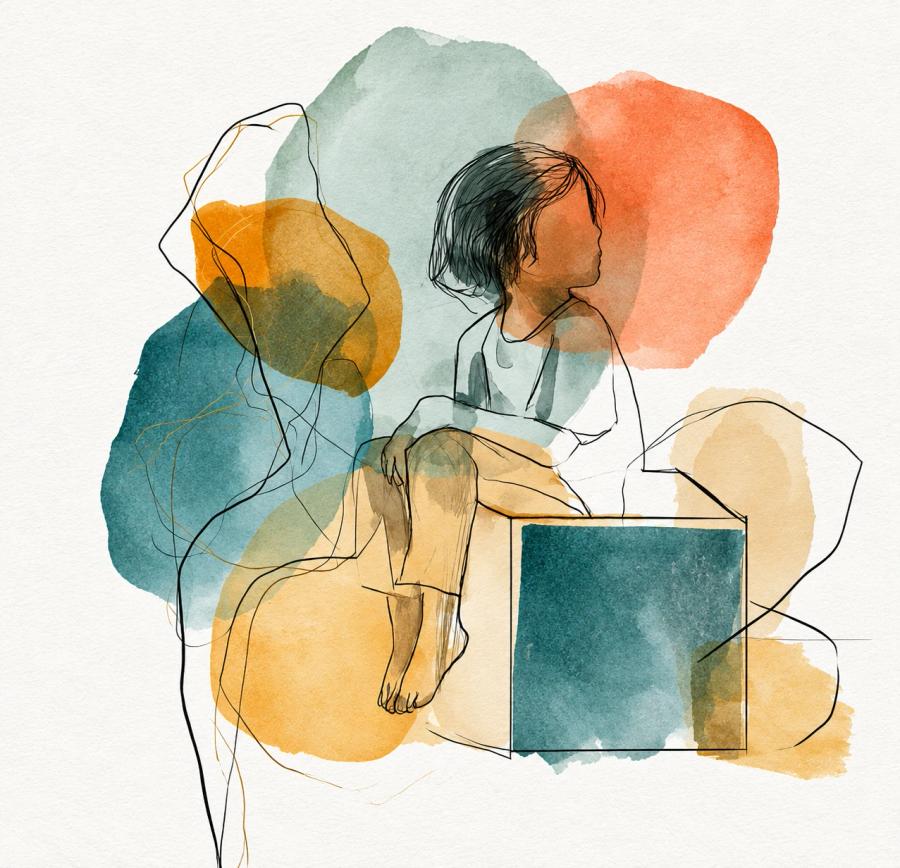 Watercolor illustration of a child sitting alone, lost in thought