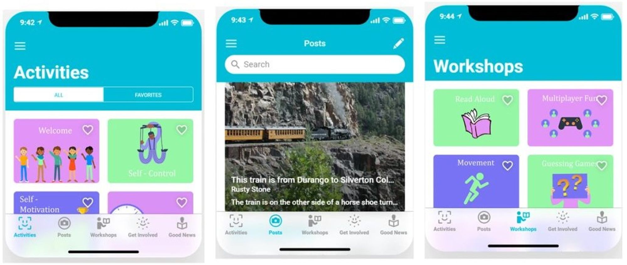 Three screens of the Be-Hope App: Activities, Posts and Workshops