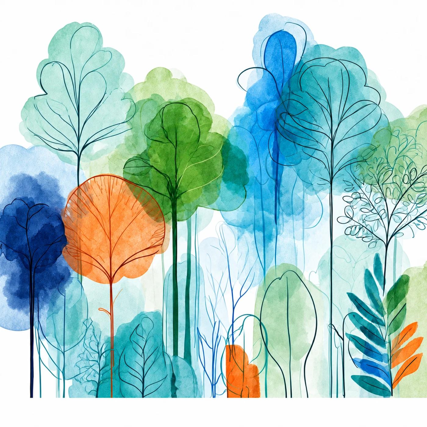 Watercolor illustration of a forest of trees in many colors