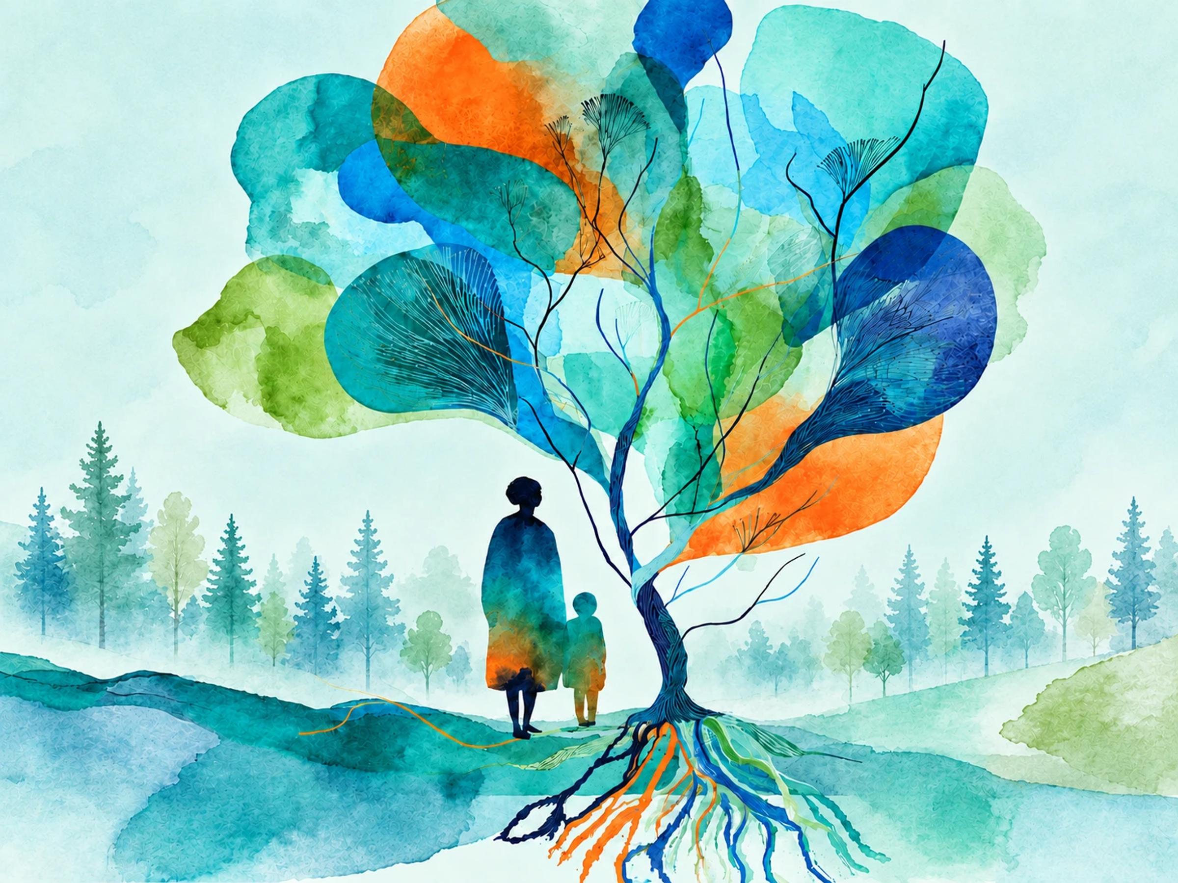 Watercolor illustration of an adult and a child standing together beneath a tree