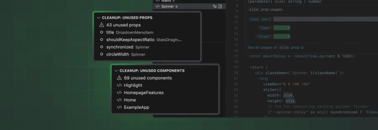 Extension’s sidebar has 2 cleanup panels that list unused props and components