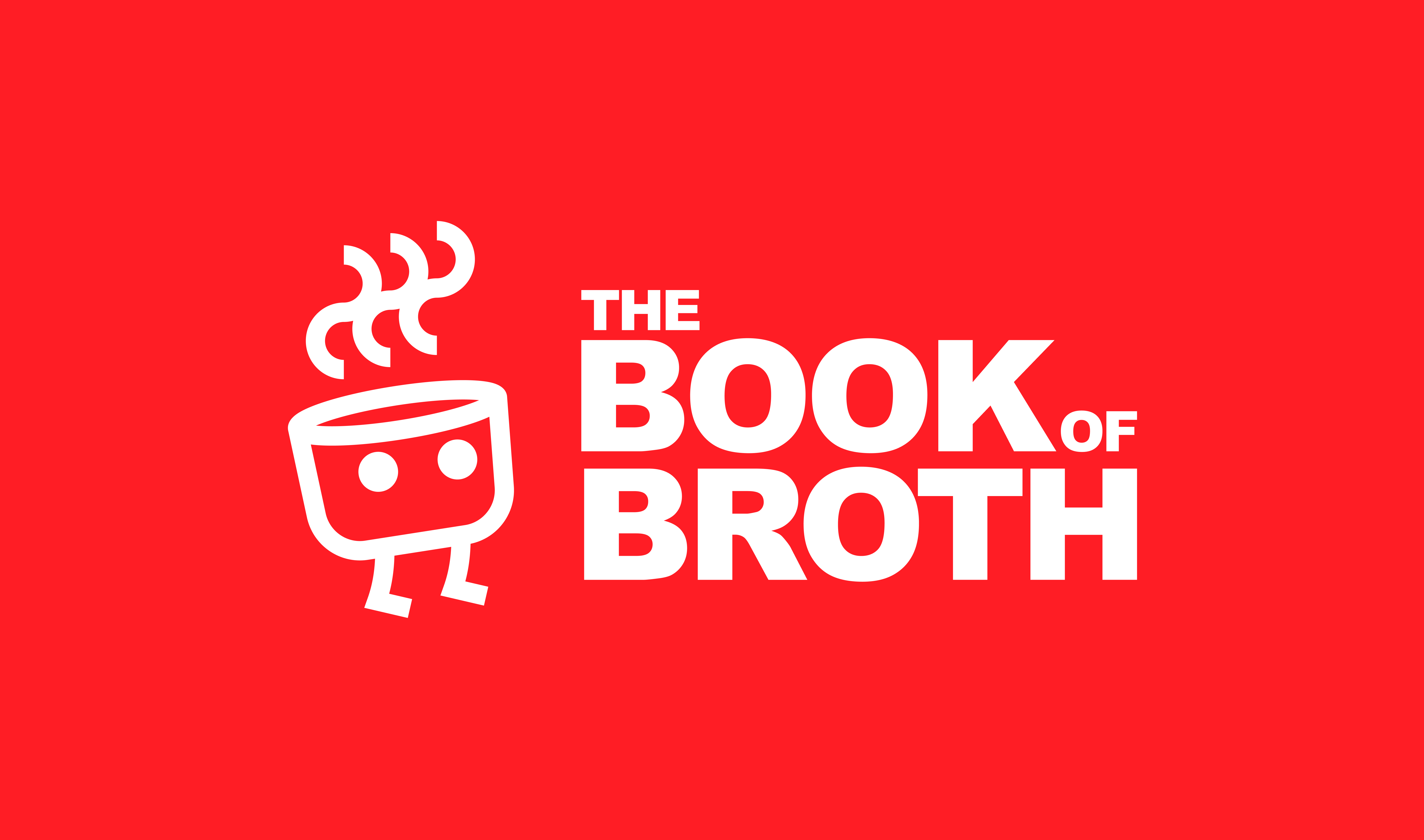 Das Logo von "The Book of Broth" auf rotem Grund. Es ist ein stilisierte Schüssel mit augen und Beinen und der Schriftzug.
