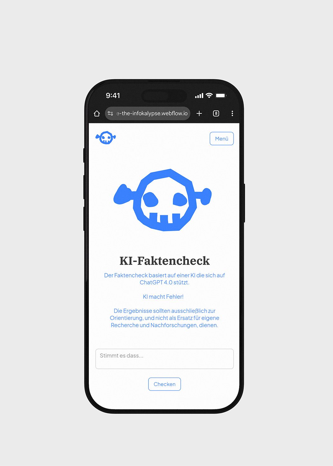 Ein Mock Up eines Handys mit der Faktencheck Unterseite von dem Projekt: How to survive the Infoapocalypse.