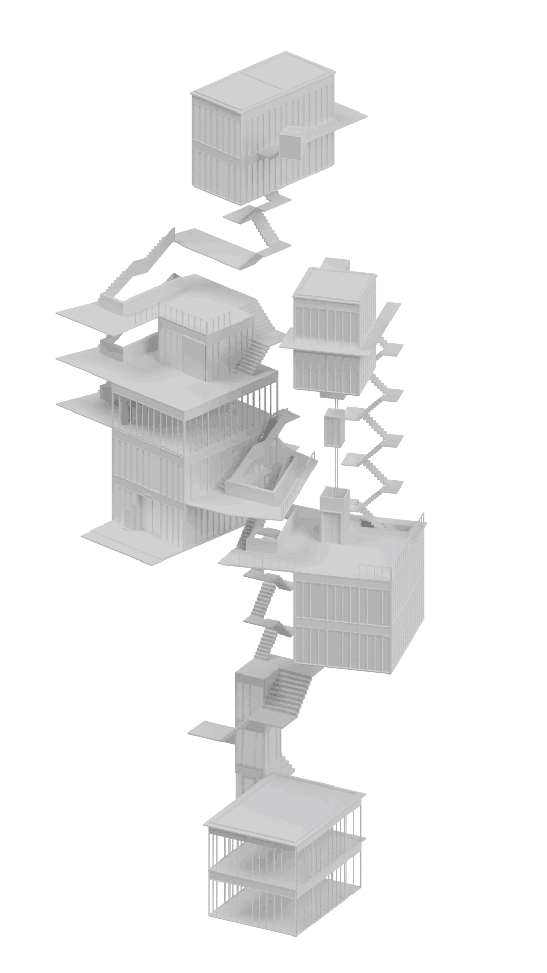 Ein rotierendes abstraktes 3D-Gebäude das für die Werkschau 2021 der Fakultät Kommunikationsdesign erstellt wurde.