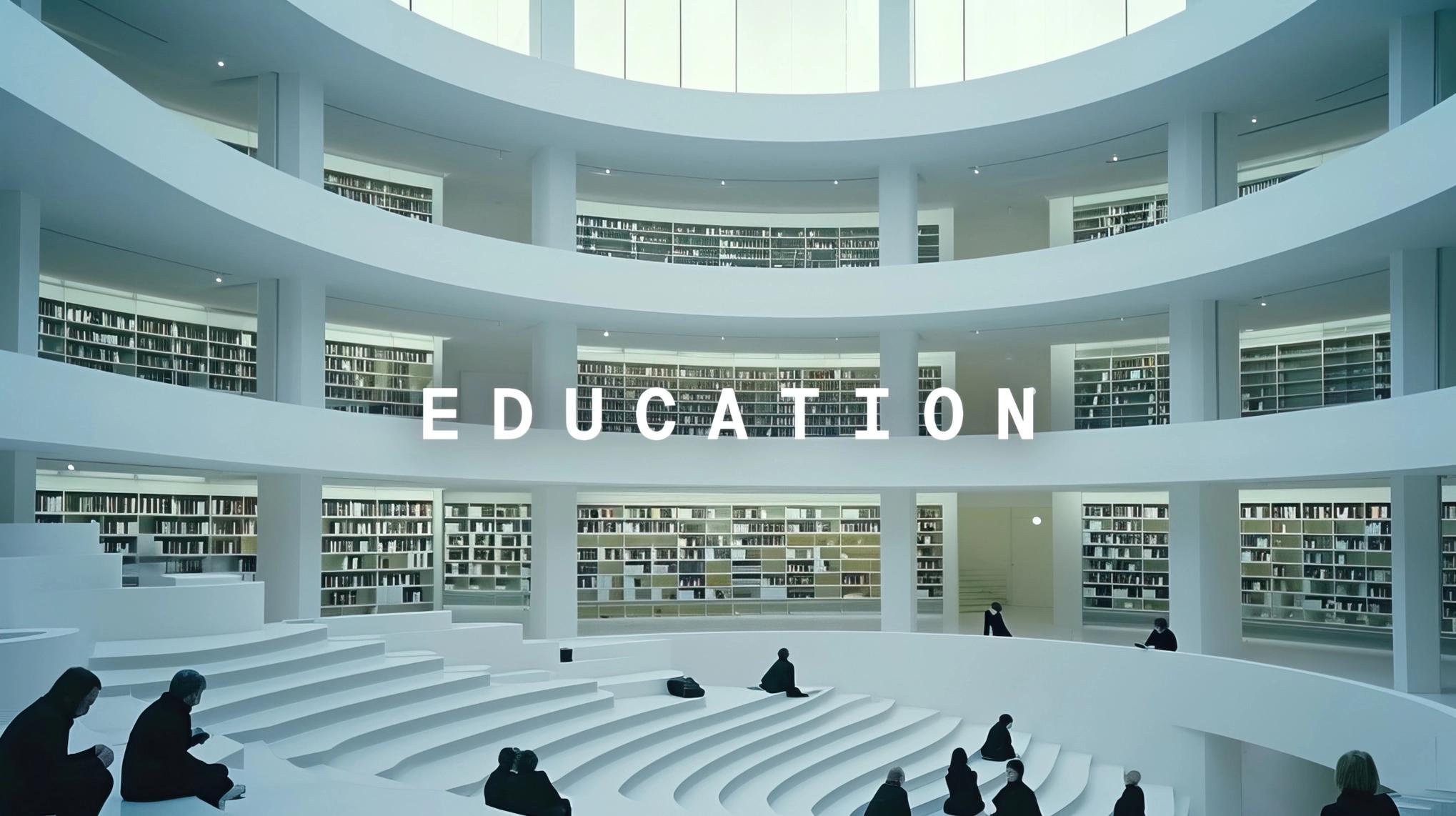 Ein KI-generiertes Bild aus dem Film "Evolving Together" das eine futuristische Bibliothek zeigt.