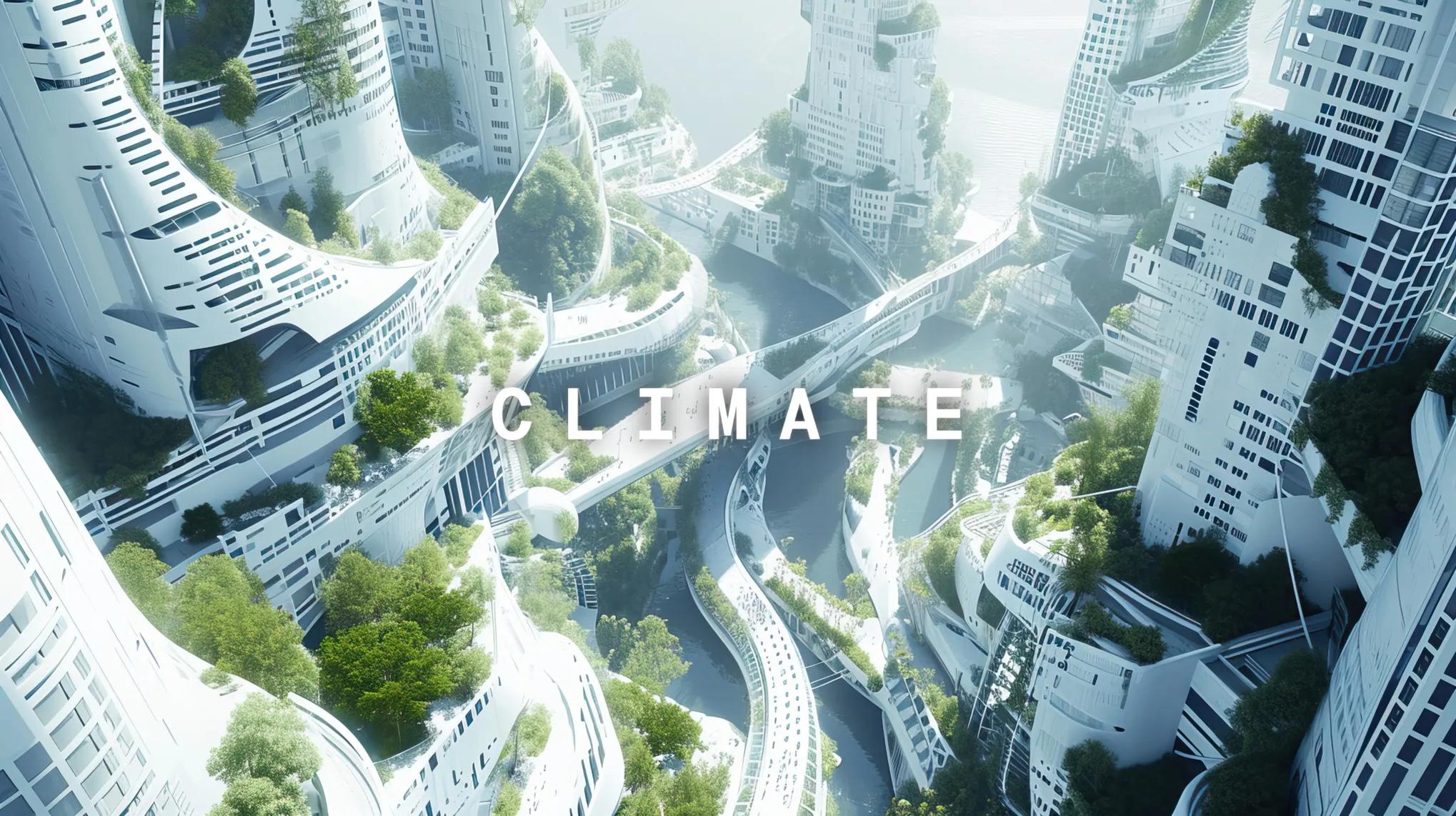 Ein KI-generiertes Bild aus dem Film "Evolving Together" das eine utopische, begrünte Stadt zeigt.