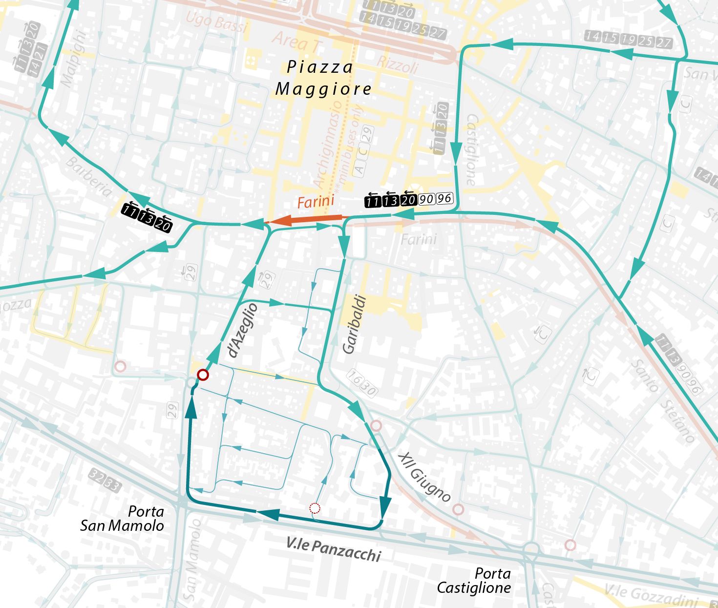 circulation diagram of the southern sector of Bologna's city center