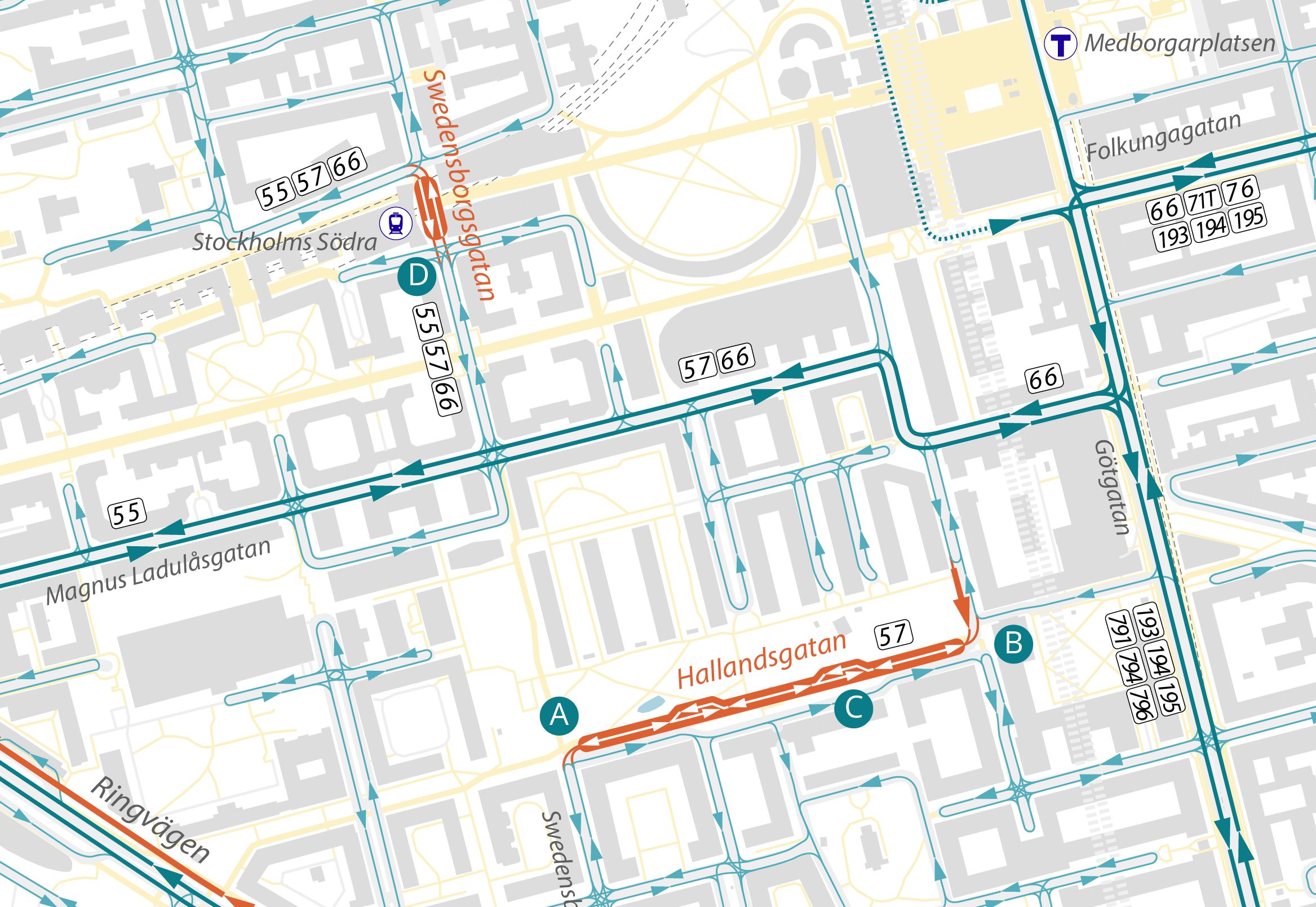 A detail of circulation patterns in the areas around Hallandsgatan and Swedenborgsgatan.