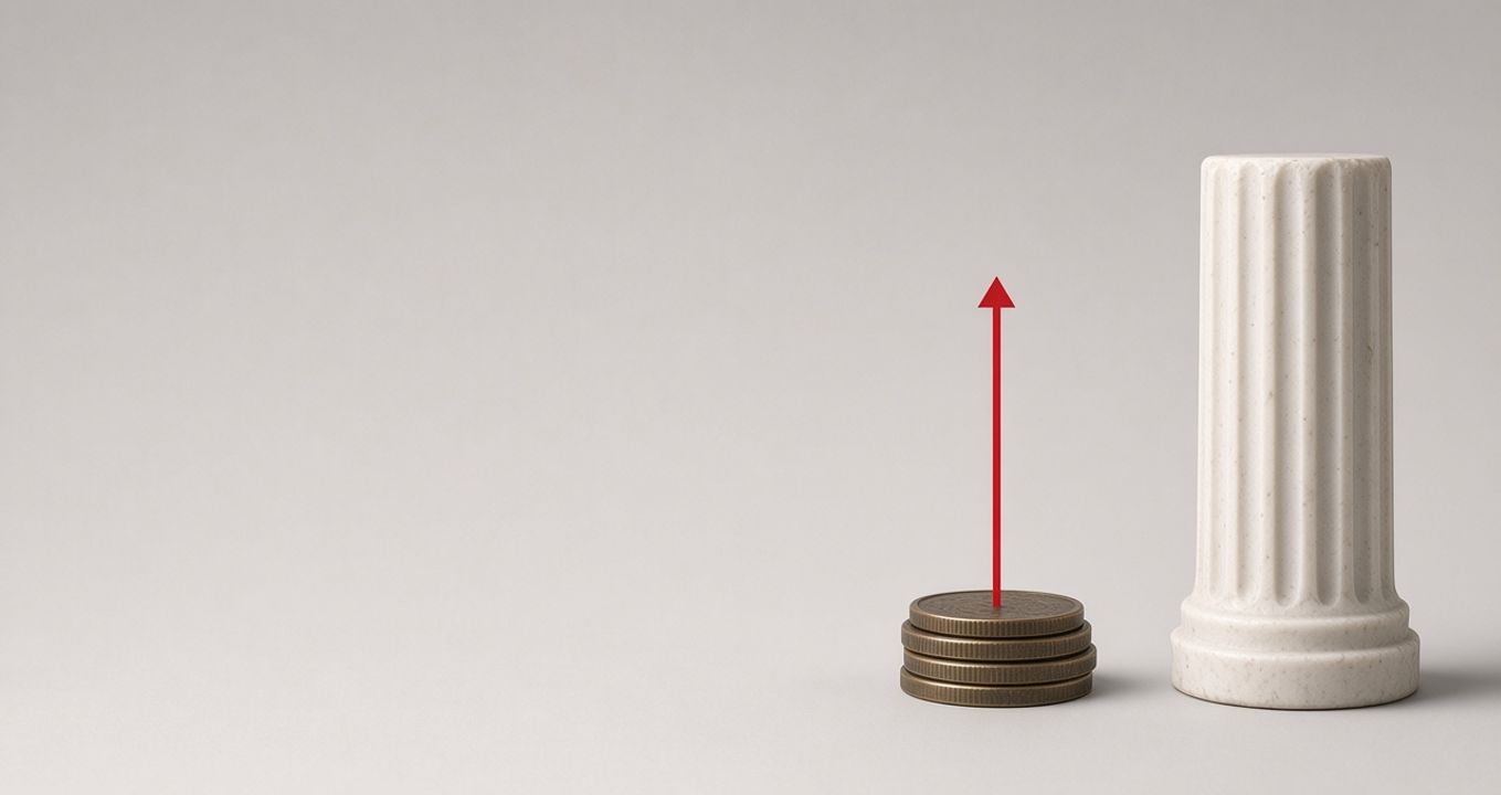 Stack of coins with a rising red arrow next to a marble column
