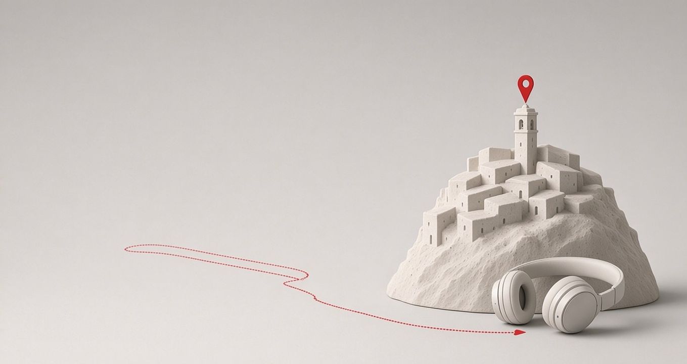 Plastico bianco di un borgo collinare con campanile e segnaposto GPS rosso, cuffie e percorso tratteggiato