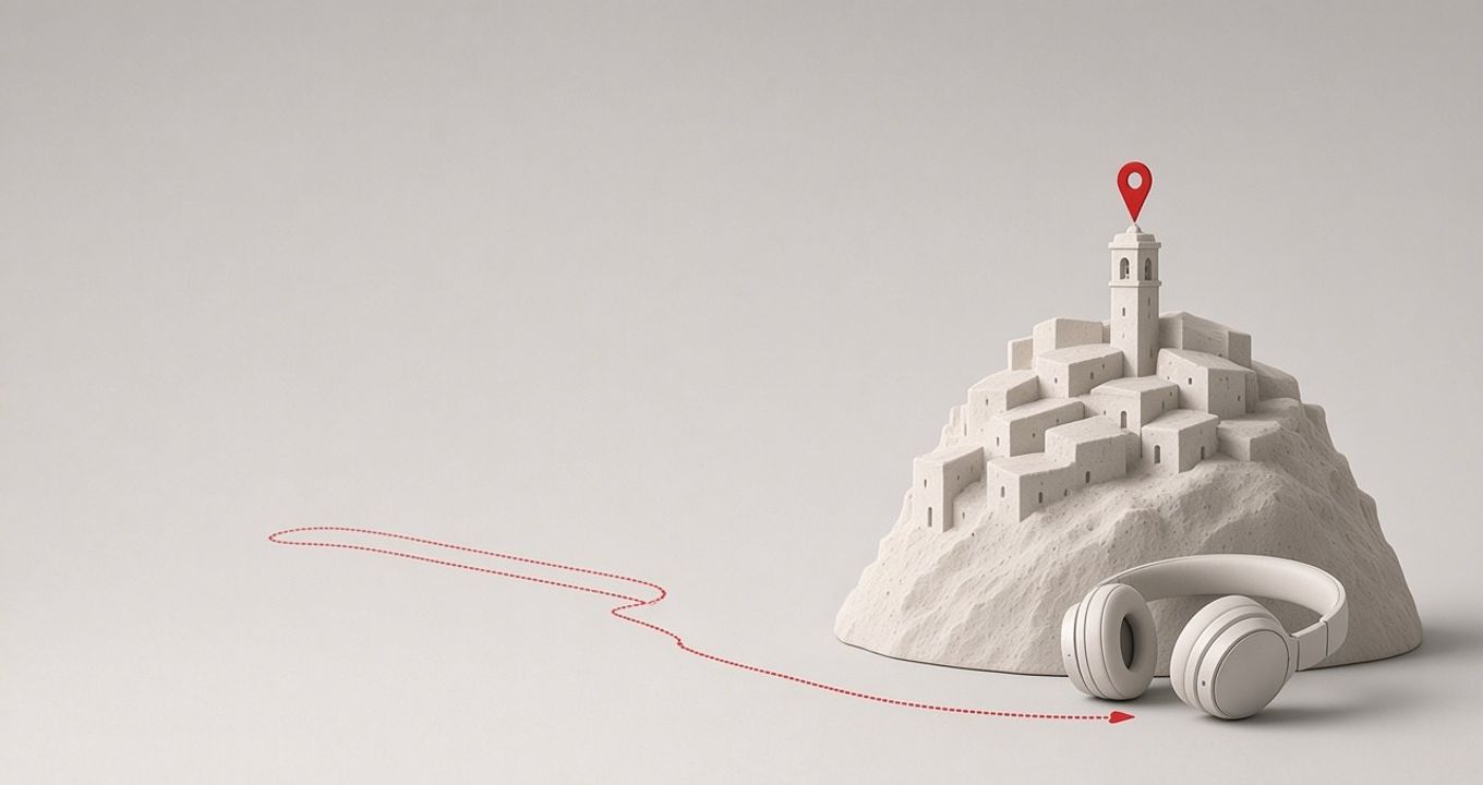 Plastico bianco di un borgo collinare con campanile e segnaposto GPS rosso, cuffie e percorso tratteggiato