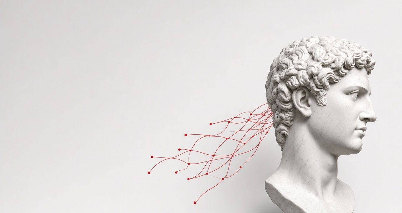 Classical bust with a red neural network of lines