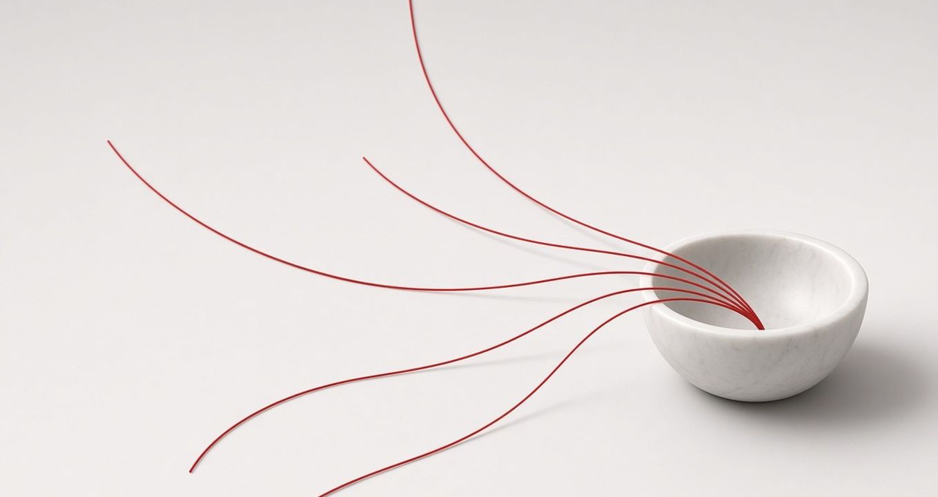 White marble bowl with several red threads converging into it from different directions