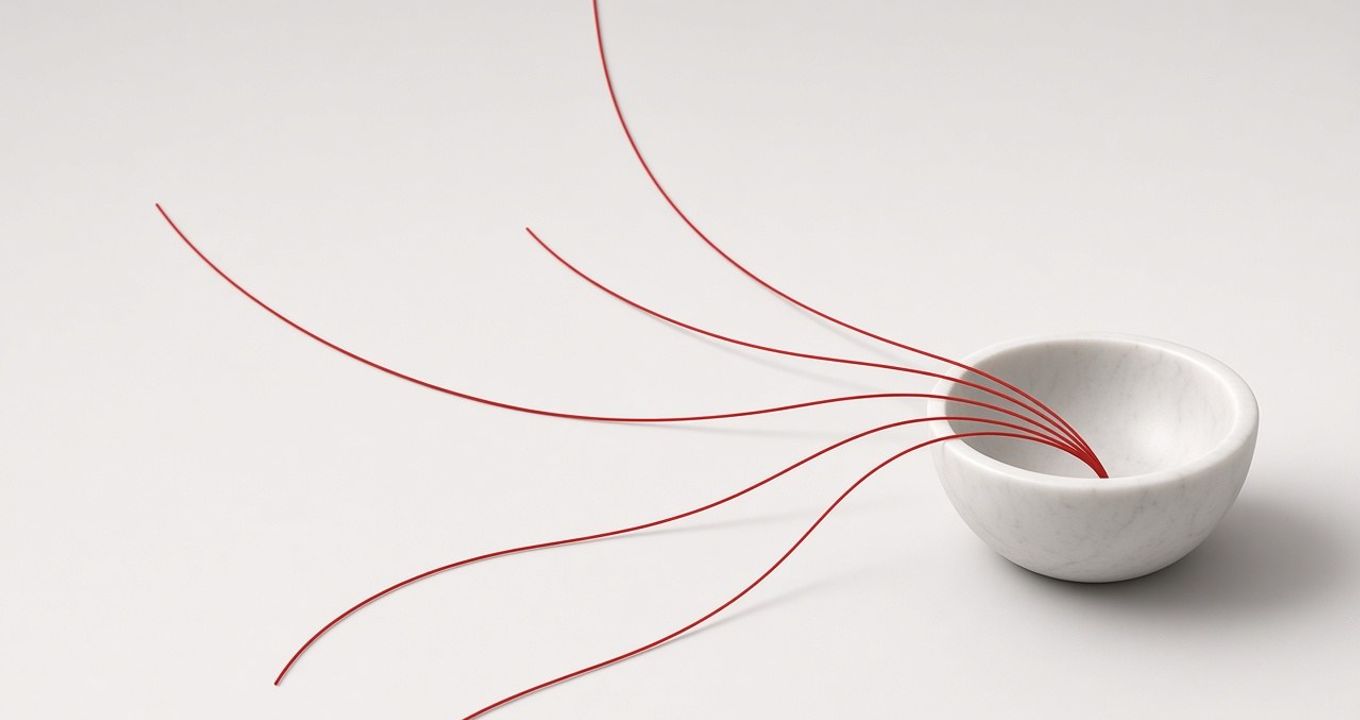 White marble bowl with several red threads converging into it from different directions