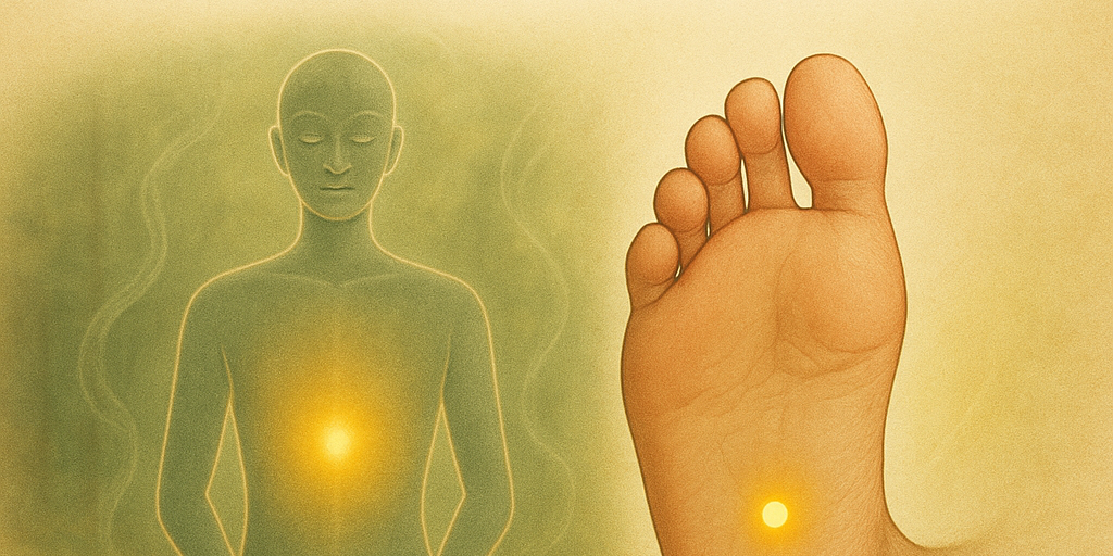 an illustration of a man in a lotus position and a foot with the word dantian on it