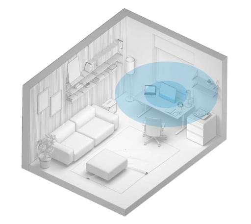 Dette hjemmekontoret vil gi godt lys (vindu og lamper som lyser opp ansiktet ditt) og god akustikk, med møbler og tekstiler som reduserer romklang. Illustrasjon: Cisco