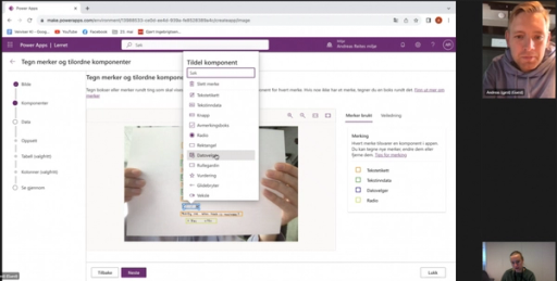 Her har vi lastet opp og scannet en skissetegning av appen i Power Apps. For at den skal fungere må jeg koble den til riktige funksjoner og datasett. 