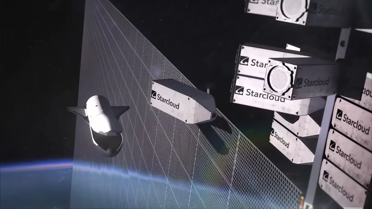Illustrasjonen viser Starclouds plan om å sende KI-brikker ut i verdensrommet som en del av et satellittbasert datasenter. Oppstartsselskapet samarbeider med Nvidia. (Faksimile: Starcloud / Youtube)