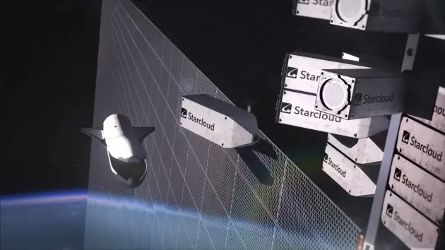 Illustrasjonen viser Starclouds plan om å sende KI-brikker ut i verdensrommet som en del av et satellittbasert datasenter. Oppstartsselskapet samarbeider med Nvidia. (Faksimile: Starcloud / Youtube)