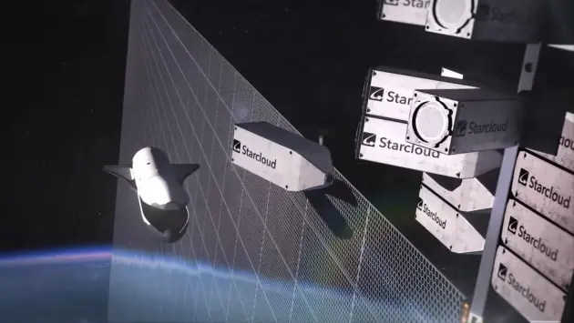 Illustrasjonen viser Starclouds plan om å sende KI-brikker ut i verdensrommet som en del av et satellittbasert datasenter. Oppstartsselskapet samarbeider med Nvidia. (Faksimile: Starcloud / Youtube)