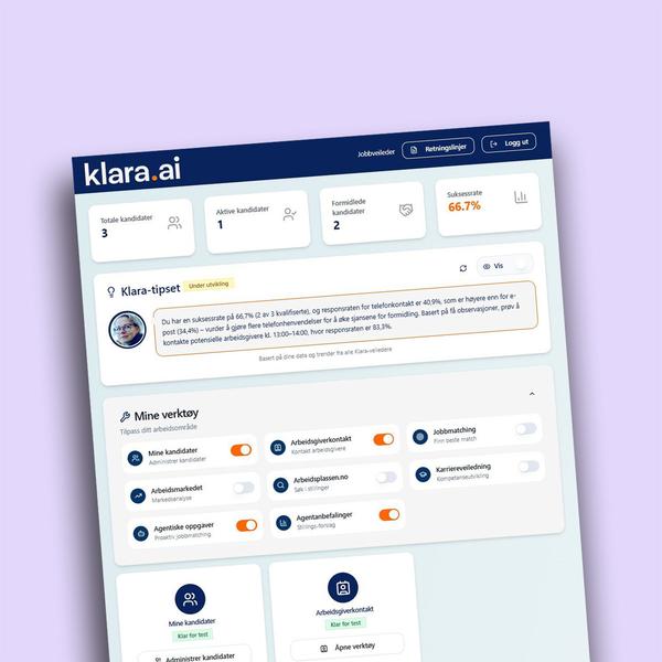 Slik ser dashbordet til Klara.ai ut – bransjeforeningen Arbeid og Inkluderings egenutviklede KI-verktøy.