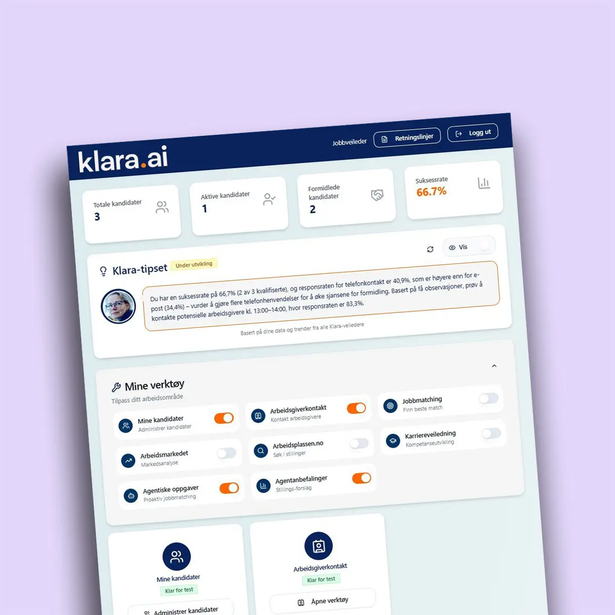 Slik ser dashbordet til Klara.ai ut – bransjeforeningen Arbeid og Inkluderings egenutviklede KI-verktøy.