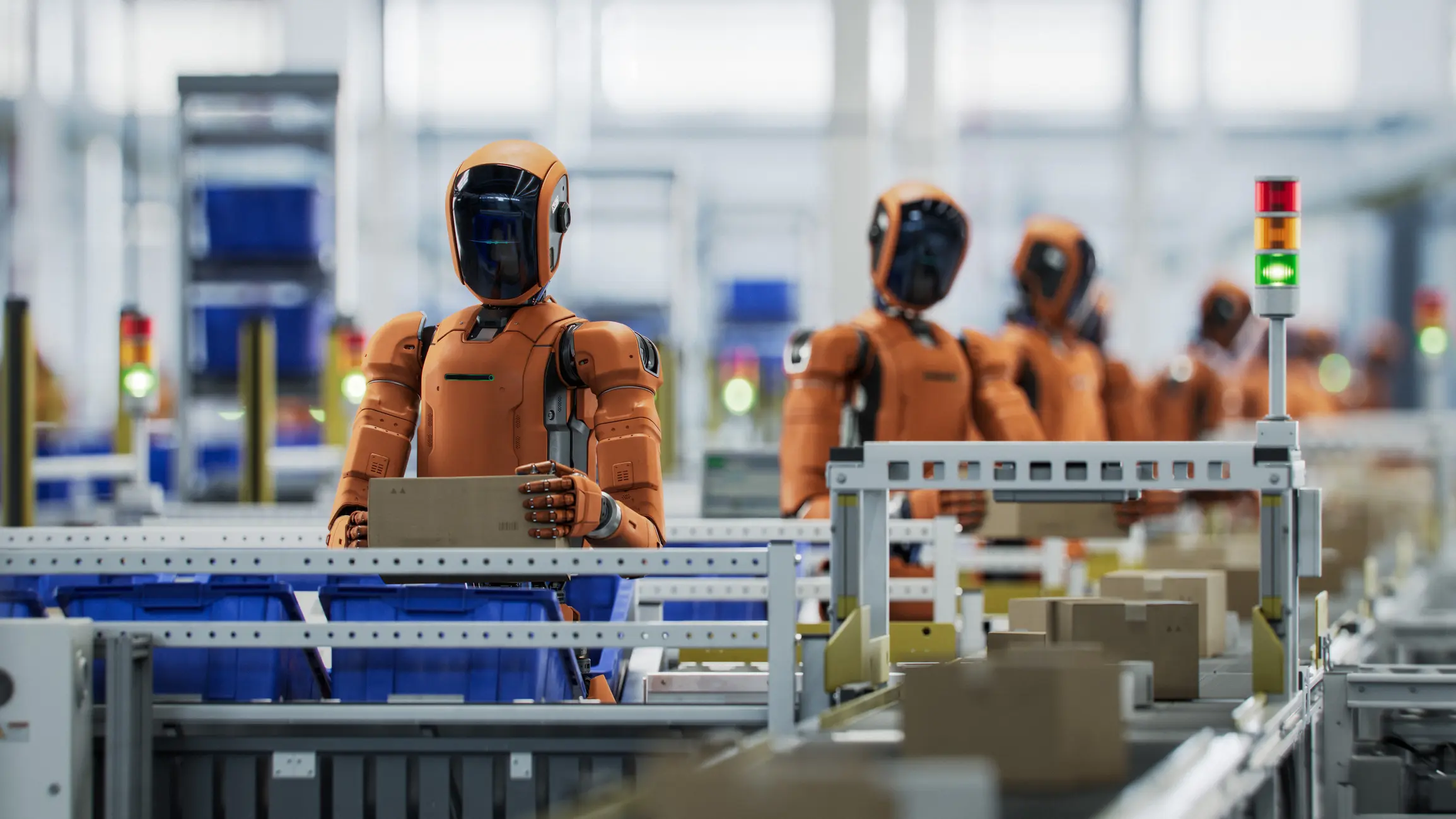 Illsutrasjonsbilde av roboter som arbeider med å pakke på et lager.