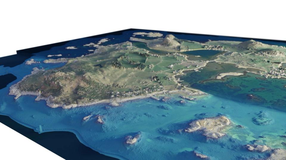 Sømløs terrengmodell av testfeltet Fjøløy og Klosterøy i Stavanger, til prosjektet Marine grunnkart i kystsonen. Terrengmodellen er basert på laserdata fra land og sjø, og fargelagt ved hjelp av flybilder. Foto: Kartverket