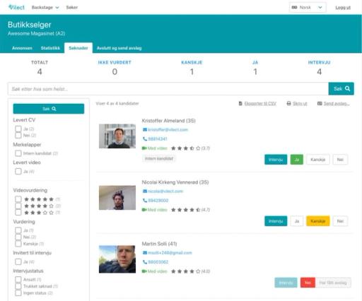 – For bedrifter som har tydelige krav eller får mange søkere, er det nyttig å bruke et system som kan sortere kandidatene automatisk, sier Vennerød. Vilect og andre rekrutteringssystemer sørger også for at GDPR og personvernlovgivning overholdes. Skjermdump: Vilect.com