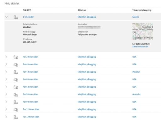 Derfor kan det være lurt med en passnøkkel: Her ser du hvordan hackere fra hele verden forsøker å gjette passordet til en Microsoft-bruker. Det skjer ikke bare daglig – men opp mot 30 ganger om dagen, opplyser brukeren.
