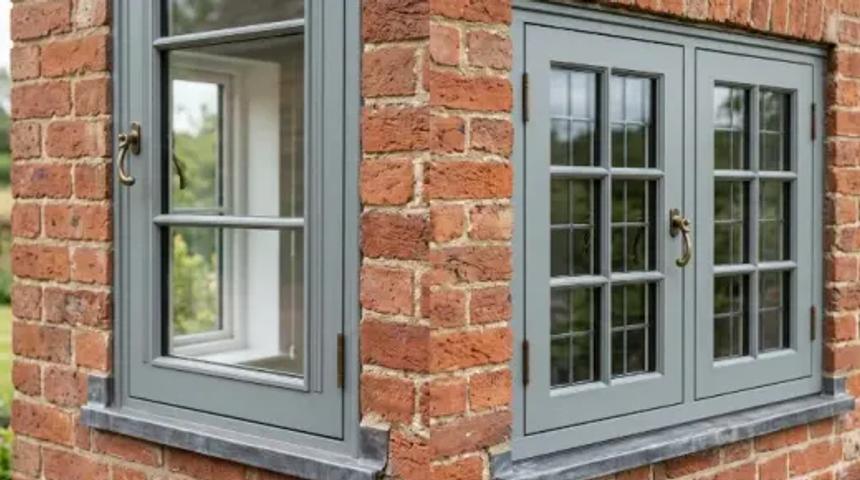 Grey casement windows with glazing bars, set in a red-brick wall