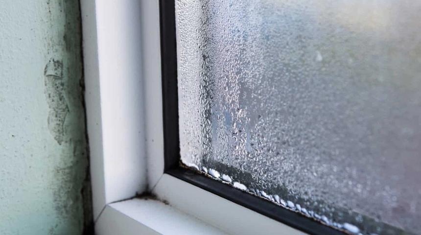 Condensation on the glass and mould at the edge of a white window frame