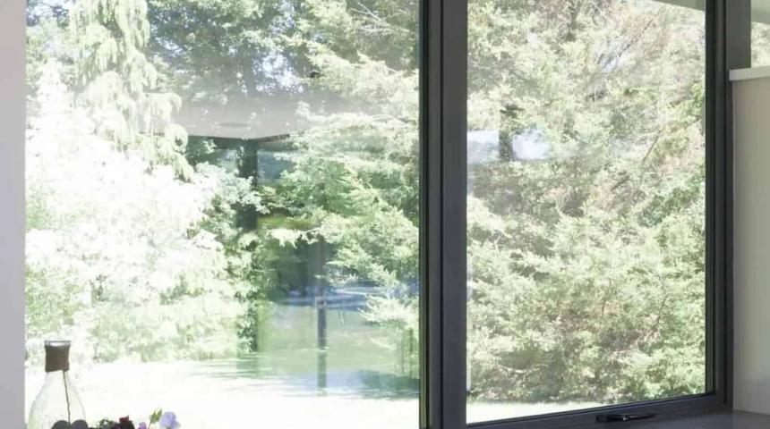 Large dark-framed window looking onto trees