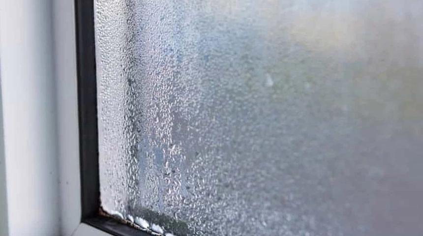 Condensation droplets covering the inside of a window pane