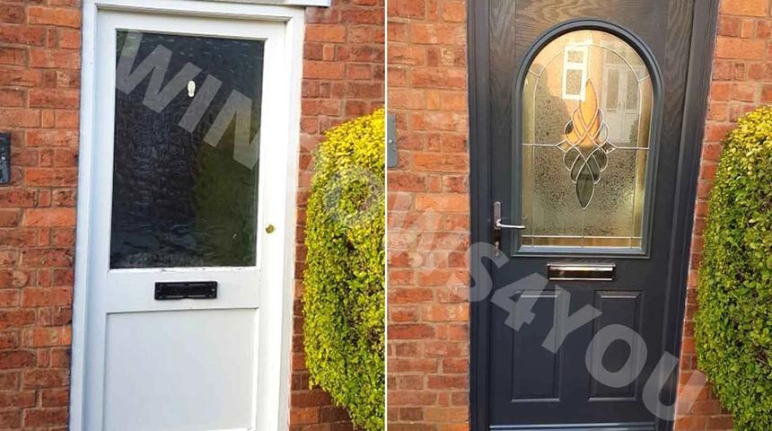 A white glazed front door beside a dark door with an arched glass panel, both in brick