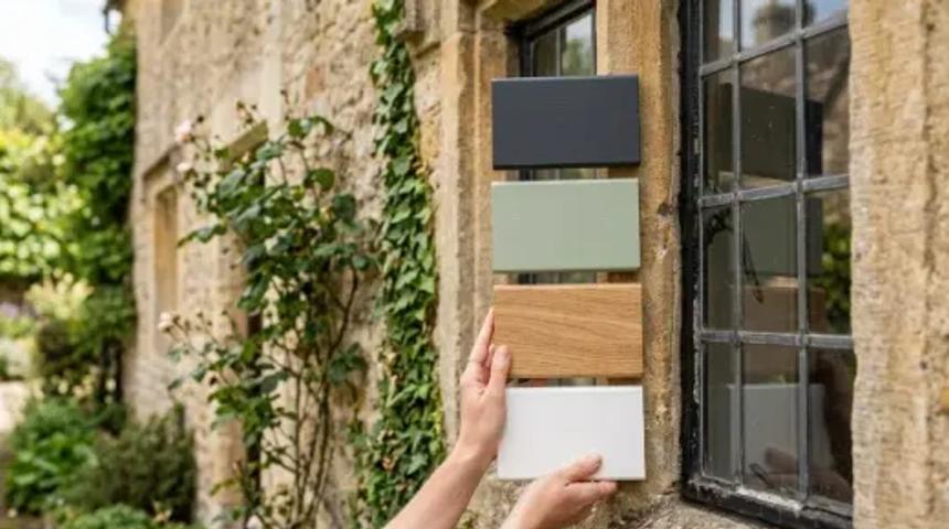 Hands holding grey, green, oak and white finish samples beside a stone window