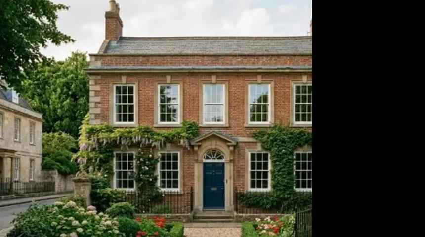 Brick house with white sash windows and a blue front door