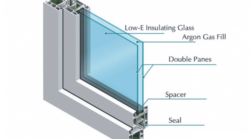 Cutaway diagram of a double-glazed unit, labelled with glass, argon, spacer and seal