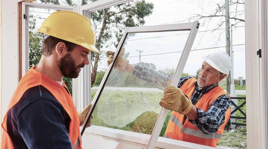 Two fitters in high-visibility vests lifting a window frame into an opening