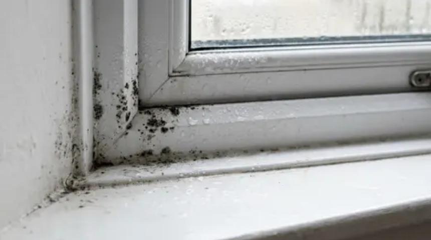 Black mould and moisture along a white window frame and sill